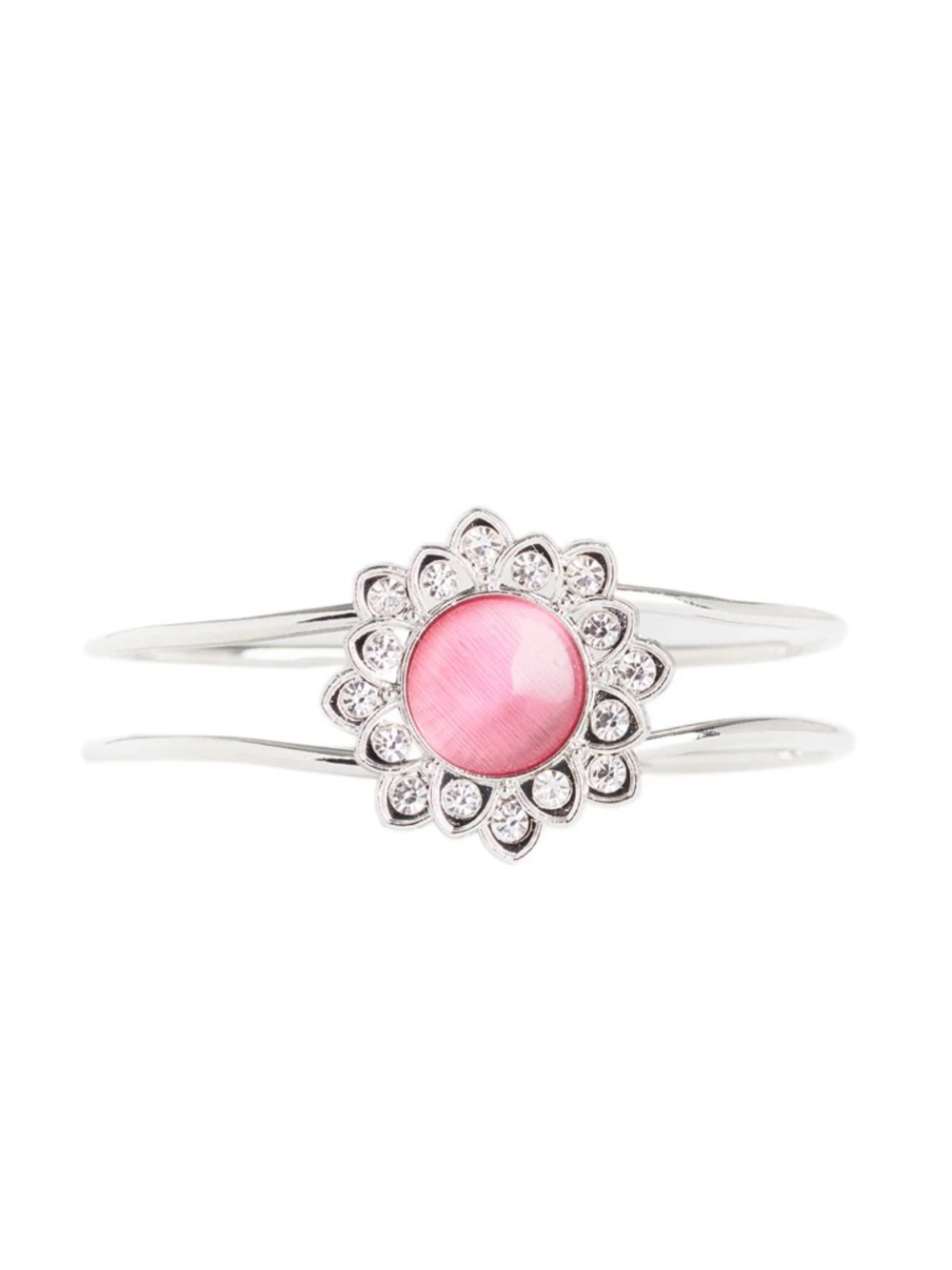 Pink Flower Crystal Silver-Tone Hinge Bracelet